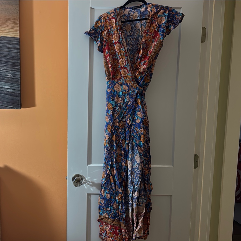 Blue and Orange Wrap Tie Front Maxi Sundress